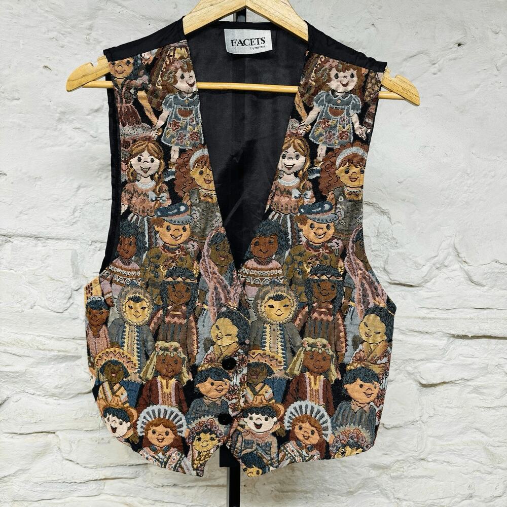 Facets by Mirrors Vest Tapestry Top Vtg 80s 90s International People Children
